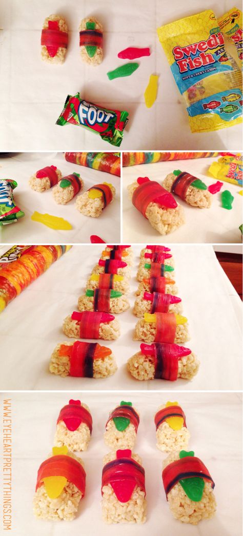 Candy Sushi Rolls, Sushi For Kids, Naruto Birthday, Candy Sushi, Dessert Sushi, Ninja Birthday Parties, Ninja Birthday, Sushi Party, Fruit Roll