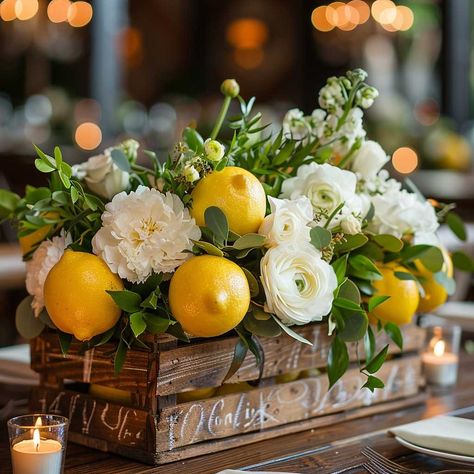 Lemon Table Decor Centerpieces, Centerpieces With Lemons, Tuscany Bridal Shower Theme, Lemon And Flowers Centerpiece, Wedding Decorations Lemons, Lemon Bridal Shower Theme Decor, Lemon Arrangements, Lemon Centrepiece, Lemon And Lime Table Decor