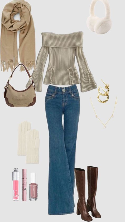 Winter outfit, off shoulder, long sleeve, straight leg jeans, bootcut jeans, white gloves, beige scarf, sky high mascara, dior lipgloss, nailpolish, that girk Cold Winter Outfit, Winter Outfit Cute, Cute Winter Outfit, Outfit Cute, Cute Winter Outfits, Cute Everyday Outfits, Really Cute Outfits, Outfit Inspo Fall, Girly Outfits