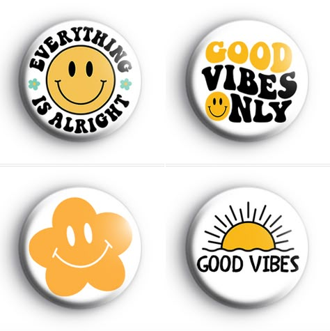 Positive & good vibes badges 💛 ☮️ Button Badge Design Ideas, Button Pin Design Ideas, Button Maker Ideas, Button Badge Design, Pin Badge Design, Event Design Branding, Pin Collection Displays, Pins Design, Badge Making