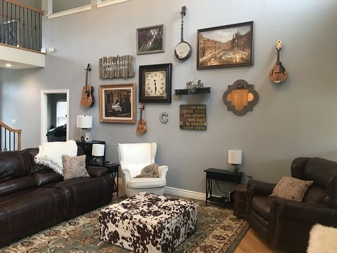 Collage wall with instruments - living room decor. Behr Distant Star paint. Distant Star Paint Behr, Behr Distant Star, Behr Greige, Living Room Greige, Greige Living Room, Living Room Paint Colors, Fancy Living Rooms, Decorative Walls, Ranch Remodel