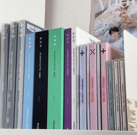 Album Collection Kpop, All Txt Albums Collection, Kpop Albums Collection Aesthetic, Txt Merch Aesthetic, Txt Album Shelf, Kpop Aesthetic Albums, K Pop Album Aesthetic, Kpop Merch Collection, Album Collection