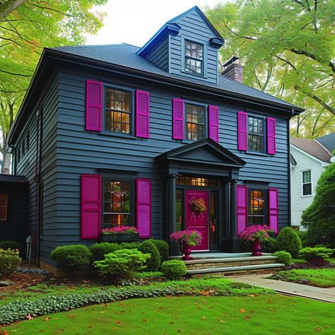 Black House With Purple Door, Blue And Purple House Exterior, Blue And Green House Exterior, Dark Pink House Exterior, Fuschia Front Door, Green House Red Trim, Dark Purple House Exterior, Purple Exterior House, Magenta Front Door