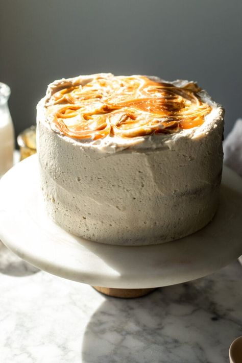 This shockingly moist vegan caramel cake will leave you speechless. It has layers of a soft, one bowl "buttery" vanilla cake, gooey salted caramel, and a rich and nutty 'brown butter' caramel frosting. All dairy free, no eggs, and strictly for caramel lovers only!! Vegan Caramel Cake, Brown Butter Caramel, Vegan Egg Replacement, Caramel Cake Recipe, Brown Butter Frosting, Vegan Frosting, Caramel Apple Cake, Butter Caramel, Breakfast Bread Recipes