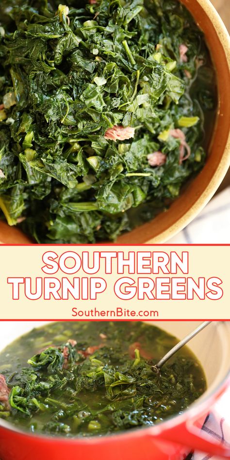 If you’re craving some good ol’ Southern comfort, these turnip greens are where it’s at! Cooked up slow with smoked meat, they’re tender, packed with flavor, and have just the right hint of earthiness. Serve ‘em alongside fried chicken, pork chops, or pretty much anything, and you’ve got yourself a true Southern meal! Southern Living Collard Greens Recipe, How To Cook Southern Collard Greens, Cooking Collard Greens Southern Style, Recipe For Greens, Crockpot Collards Southern Style, Collard Greens Recipe Southern Bacon, Crockpot Collard Greens Southern Style, Soul Food Collard Greens Recipe, How To Cook Greens Southern Style