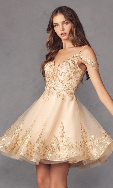 Homecoming Dresses, 2023 Short Hoco Dresses - PromGirl Gold Winter Formal Dresses, Gold Dress Short Classy, Champagne Dama Dresses, Gold Dama Dresses, Short Gold Dress, Short Dance Dresses, Dresses For Hoco, Gold Dress Short, Short Hoco Dresses