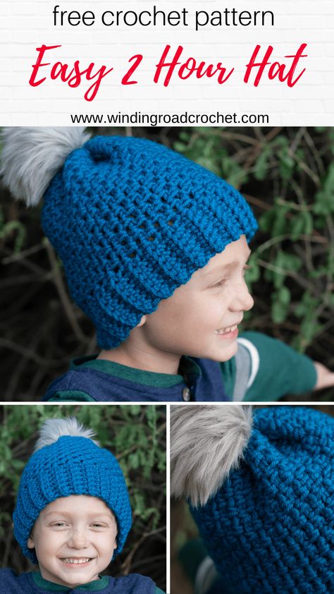 Crochet this quick and easy beanie with a free crochet pattern by Winding Road Crochet. It just takes one skein of yarn to make this 2 hour crochet beanie.  #crochethat #crochetbeanie Crochet Beanie Free Pattern, Winding Road Crochet, Crochet Hats For Boys, Crochet Beanie Pattern Free, Easy Crochet Hat, Crochet Kids Hats, Hat Patterns Free, Crochet Toddler, Easy Crochet Patterns Free