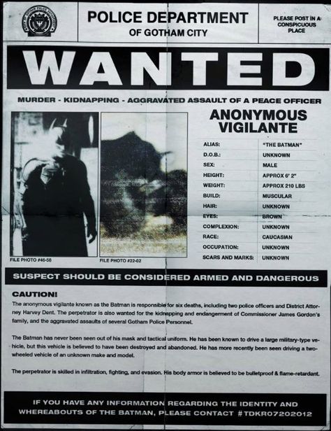 If seen please contact the Gotham City Police Department. Movie Talk, Harvey Dent, I'm Batman, The Bat Man, The Dark Knight Trilogy, Dark Knight Rises, Batman Poster, I Am Batman, Batman Dark