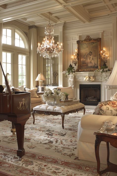 15 French Country Living Room Ideas That Will Make You Say “Ooh La La!” - DreamyHomeStyle French Luxury Living Room, European Home Decor French Country, Romantic French Living Room, French Provincial Home Interior, French Family Room, French Living Room Ideas, Dark French Country, French Provincial Decor Living Room, Provincial Living Room