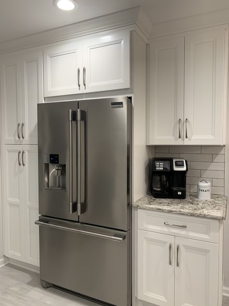 Pantry Wall With Refrigerator And Coffee Bar, Coffee Bar Beside Refrigerator, Wall Pantry With Fridge, Built Around Fridge, Refrigerator And Coffee Bar, Refrigerator With Pantry On Both Sides, Fridge Pantry Combo, Pantry Surrounding Refrigerator, Cabinet Around Refrigerator Ideas