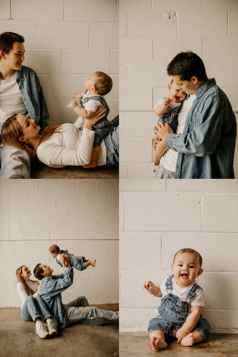 denim family session studio session overalls baby family mini photoshoot Family Overall Photoshoot, Overall Family Pictures, Baby Overalls Photoshoot, Studio Family Photoshoot Outfits, Family Photoshoot Denim, White Shirt And Jeans Outfit Photoshoot Family, White Backdrop Family Photos, Family Photos White And Denim, Jeans And White Shirt Family Pictures