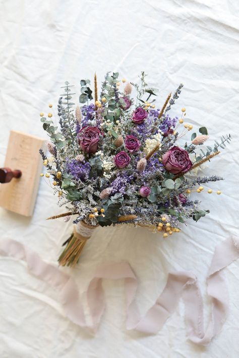 Purple Roses Wedding, Roses Wedding Bouquet, Lavender Wedding Bouquet, Lavender Bridal Bouquet, Dried Roses, Purple Wedding Bouquets, Flower Girl Bouquet, Lavender Eucalyptus, Lavender Bouquet