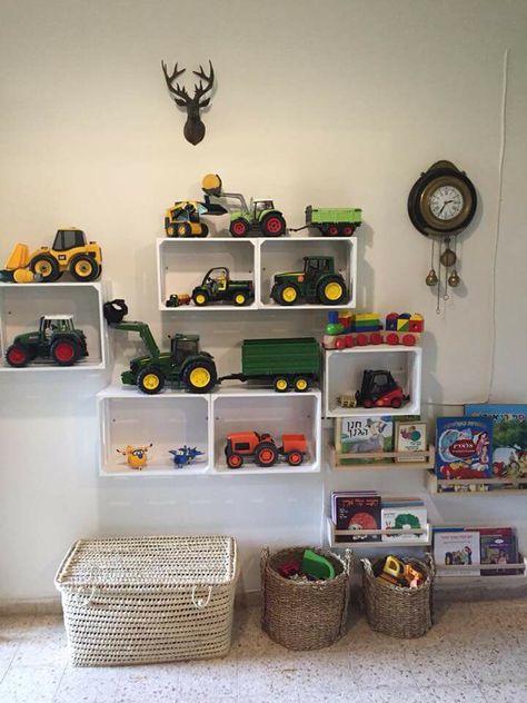 Bruder Toys Storage, Storage For Toy Cars And Trucks, How To Store Big Toy Trucks, Toy Truck Organization, Toy Truck Storage Ideas, Toy Room Organization, Small Playroom, Toddler Boy Room Decor, Baby Playroom