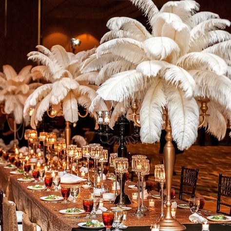 Great Gatsby Wedding, Feather Centerpieces, Candelabras, Luxury Wedding, Crystal Candle Estate Tables, Tablescape Gatsby Feather Centerpiece, Speakeasy Table Centerpieces, Great Gatsby Tablescape, Gatsby Wedding Theme Decoration, Great Gatsby Party Centerpieces, Wedding Feathers Decorations, Gatsby Table Setting, 1920s Tablescape, Feather Centerpieces For Party