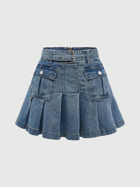 Denim Skirts Short, Denim Fringe Skirt, Y2k Jean Skirt, Romwe Outfit, Pleated Denim Skirt, Long Jean Skirt, Punk Women, Jean Skirts, Y2k Skirt