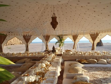 Cream Interior Gold Stars Sahara Wedding, Marrakesh Wedding, Beach Side Wedding, Arabian Tent, Outdoor Dance Floors, Moroccan Tent, Arabian Nights Party, Cream Interior, Large Tent