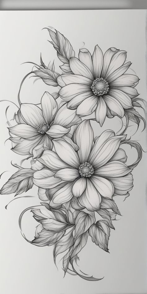 Tooled Tattoo Design, Tattoos With Sunflowers, Rose And Sunflower Tattoo, Sunflower And Rose Tattoo, Flower Drawing Sketch, Floral Back Tattoos, Pretty Flower Tattoos, Matching Friend Tattoos, Tool Tattoo