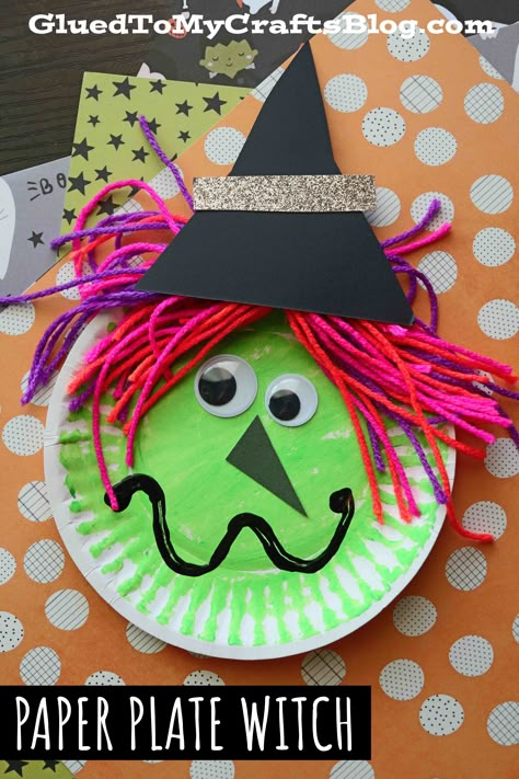 Witch Halloween Craft, Witch Crafts For Toddlers, Halloween Witch Crafts For Kids, Witch Craft Preschool, Witch Craft For Toddlers, Halloween Plate Crafts, Halloween Crafts For Kids Preschool Witch, Paper Plate Witch Hat, Paper Plate Halloween Crafts For Kids