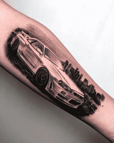 Car Idea Tattoos, Car Themed Tattoos, Car Guy Tattoos, Car Related Tattoos For Men, Car Enthusiast Tattoo, Car Tattoos For Guys, Fast And Furious Tattoo, Car Lover Tattoo, Car Tattoo Ideas