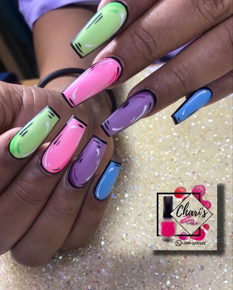 Acrylic Cartoon Nails, Cartoon Almond Nails, Purple Cartoon Nails, Easter Gel Nails Ideas, Cartoon Nails Design, Cartoon Nail Ideas, Easter Inspired Nails, Pop Art Nails Designs, Cartoon Nails Acrylic