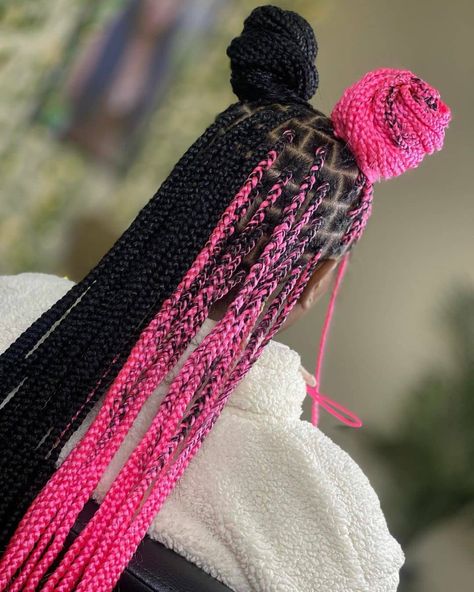 Pink And Black Box Braids, Pink Knotless Braids, Box Braids For Black Women, December Hairstyles, Pink Box Braids, Small Knotless, Black Box Braids, Pink And Black Hair, Colored Box Braids