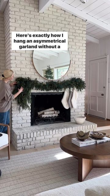 No Mantle Garland, Garland With No Mantel, Christmas Garland Without Mantle, Christmas Decor Fireplace No Mantel, Stockings On Fireplace With No Mantle, Christmas No Mantle Fireplace, Garland Above Fireplace, Decorate Fireplace With No Mantle, Fireplace Decor With No Mantle