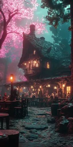 ↑↑↑ Larger size on website 🔸 A cozy tavern sits nestled in a forest, bathed in the soft glow of pink blossoms and warm lamplight. Cozy Fantasy Aesthetic, Pink Blossom, Fantasy Aesthetic, Art Images, Forest