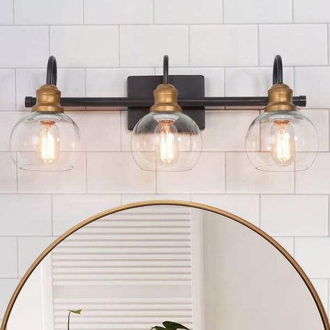 Modern 3-Light Gold Black Bathroom Vanity Light Glass Dimmable Wall Sconces - Bronze Gold and Black - L21.9 x W7" x H8.5" - On Sale - Bed Bath & Beyond - 32693872 Bathroom Vanity Lighting Brushed Bronze, Black Andgold Vanity Lights, Black And Gold Bathroom Lighting, Three Light Bathroom Fixture, Bathroom Lights Black, Black And Gold Bathroom Light Fixture, Black And Gold Vanity Light, Antique Bronze Bathroom Fixtures, Black And Gold Bathroom Fixtures