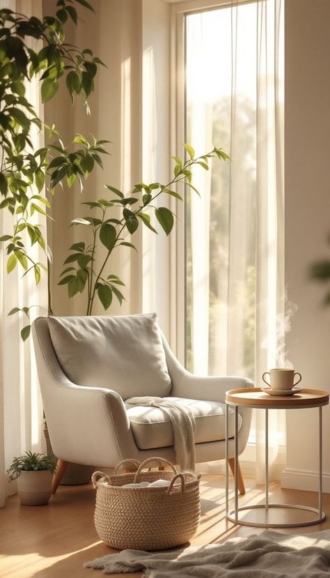 Cozy cream armchair in tranquil morning light with climbing plants and steaming cup on side table Coffee Chairs And Tables, Table In Bedroom Sitting Area, Small Sunroom Designs Cozy, Sitting Corner In Living Room, Cozy Sitting Area In Bedroom, Bedroom Sitting Area Small Cozy Corner, Cozy Corner Reading Nook, Tiny Sitting Room Ideas, Corner Aesthetic