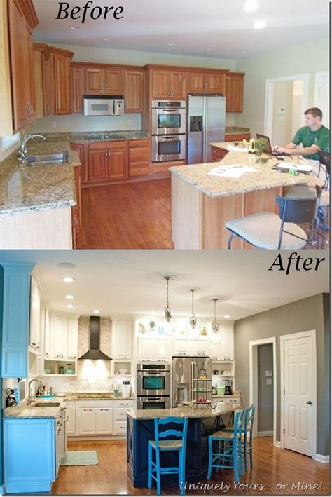 before and after of DIY kitchen remodel, raised kitchen cabinets, open cabinetry, painted cabinets Raised Kitchen Cabinets, 2000s Kitchen, Raised Kitchen, Kitchen Remodel Ideas Before And After, Kitchen Cabinets Open, Countertop Concrete, Kitchen Cabinet Trends, Simple Kitchen Remodel, Painted Cabinets