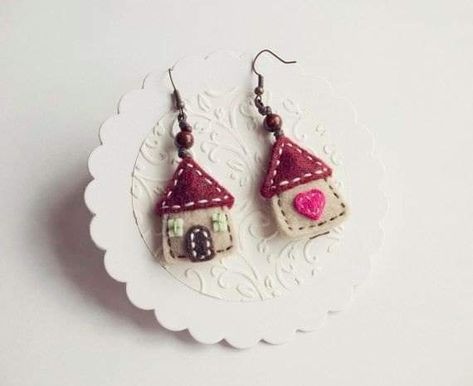 Sewn Earrings, House Earrings, Felt Earrings, Felted Earrings, Felt House, Fiber Art Jewelry, Felt Embroidery, Felt Jewelry, Fabric Earrings