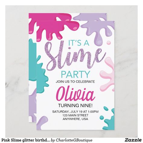 Pink Slime glitter birthday party Invitation Slime Party Invitations, Slime Birthday Party, Colorful Slime, Glitter Birthday Party, Slime Birthday, Pink Slime, Rainbow Slime, Glitter Birthday Parties, 12 Birthday