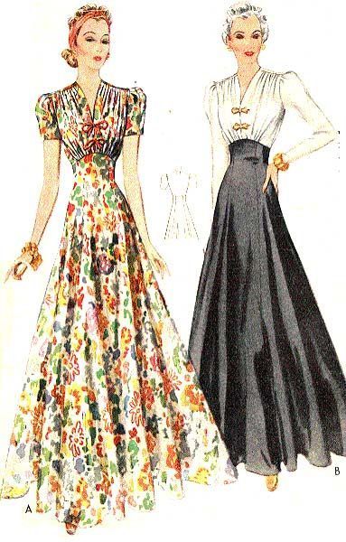 1940s Evening Dresses, 1930 Fashion, Patron Vintage, Fashion Clipart, 30s Fashion, 20th Century Fashion, Vintage Dress Patterns, 40s Fashion, Ruched Top