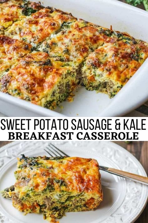 Breakfast Casserole With Sweet Potatoes, Sweet Potato And Sausage Recipes, Kale Breakfast Recipes, Breakfast Casserole Sweet Potato, Kale Breakfast Casserole, Thanksgiving Breakfast Casserole, Protein Breakfast Casserole, Casserole With Sweet Potatoes, Sausage Sweet Potato Recipes