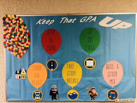 Keep that GPA UP Bulletin Board Resident Advisor, College, High School. Balloons, Up the Movie Academic Success RA. Up inspired Nhs Bulletin Board High Schools, Nhs Bulletin Board, Keep That Gpa Up Bulletin Board, School Information Bulletin Board Ideas, Welcome Back Ra Bulletin Boards, Easy Ra Bulletin Boards, Academic Ra Board, Ra Academic Bulletin Boards, Residence Hall Bulletin Boards