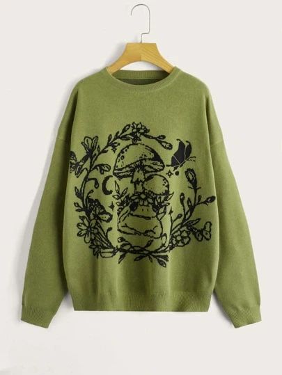 That Green Gables you saw on social| ROMWE USA Forest Frog, Mushroom Sweater, Grunge Sweater, Frog Mushroom, Cottagecore Sweater, Green Cottage, Mushroom Pattern, Drop Shoulder Sweater, Late Fall