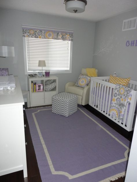 nursery Purple And Yellow Nursery Girl, Lavender And Yellow Nursery, Purple And Yellow Nursery, Yellow Layout, Lavender Nursery Girl, Purple Baby Rooms, Transitional Nursery, Nursery Layout, Nursery Designs