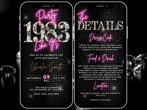 Party Like Its 1983, Womens 40th Birthday Video Invite Digital Template, Animated 40th Birthday Invitation & Itinerary, Diamond Evite, Neon Diamond, Funky Vibes, 40 And Fabulous, Diamond Party, Turning 40, Neon Rose, Golden Moments, 40th Birthday Invitations, Birthday Video