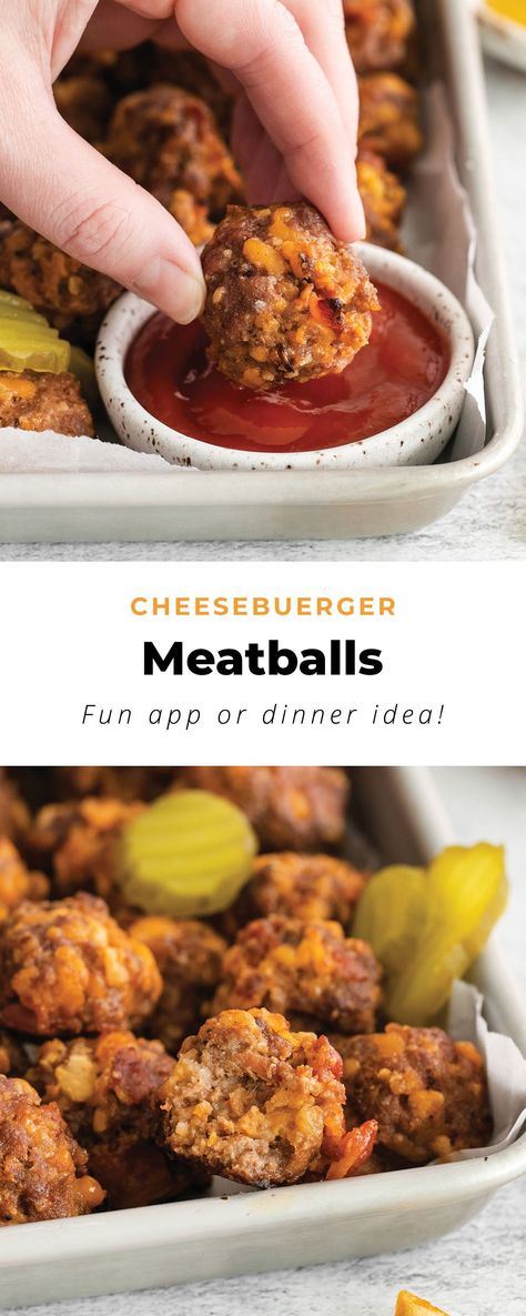 These cheeseburger meatballs taste just like cheeseburgers! The whole family will love this easy appetizer. Cheeseburger Appetizers, Meatball Cheeseburger Appetizers, Appetizer Recipes With Hamburger, Bacon Cheeseburger Meatballs, Cheeseburger Meatballs, Meatball Appetizer Recipe, Easy Hamburger, Appetizer Meatballs, Burger Toppings