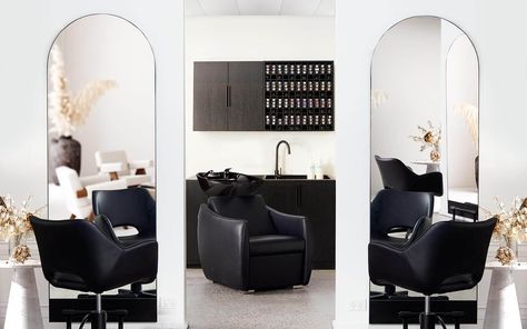 Style Icons | Salon Design Inspiration | Salon Furniture | Comfortel White Hair Salon, Black And White Salon, Salon Decor Studio, Small Hair Salon, Salon Mirror, Small Salon, Salon Styling Stations, Home Hair Salons, Salon Mirrors