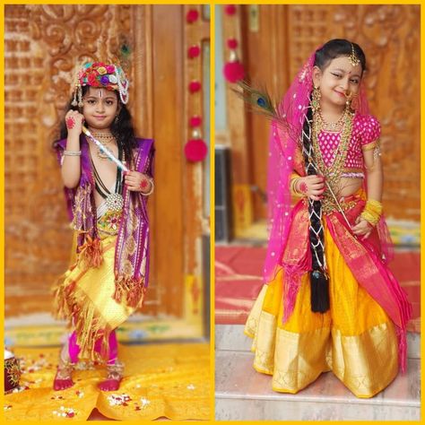 Radha Outfit For Kids, Radhe Costume For Kids, Radha Krishna Kids Photoshoot, Radhe Dress For Baby Girl, Radha Photoshoot Ideas For Kids, Radha Fancy Dress For Kids, Radha Dress For Kids, Radha Getup For Baby Girl, Gopikamma Photoshoot