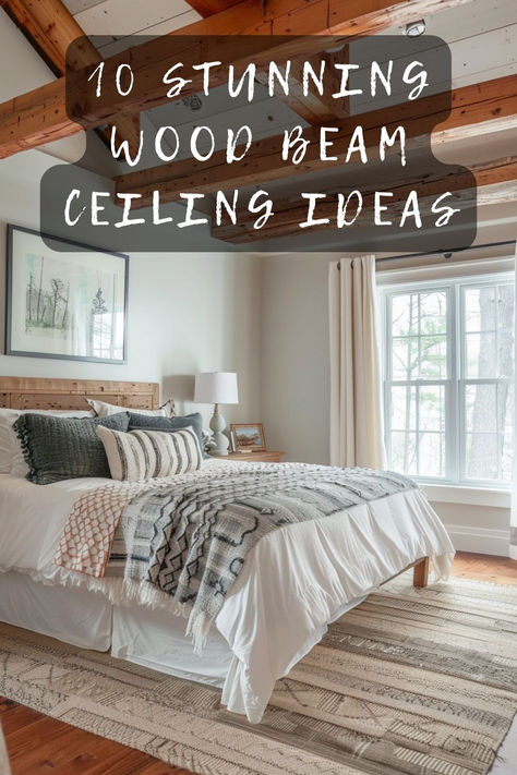 Thinking about adding wood beams to your ceiling? Check out these 10 stunning ideas that will elevate the style of any room. From rustic charm to modern elegance, these designs will inspire your next home project. Click to see how you can transform your ceiling with wood beams! 🌿🏡 #HomeDecor #InteriorDesign #CeilingIdeas #WoodBeams #HomeInspiration Open Beam Ceiling Bedroom, Vaulted Bedroom Ceiling Ideas, Adding Beams To Ceiling, Adding Wood Beams To Ceiling, Exposed Beams Ceiling Living Room, Fake Beams On Ceiling, Faux Beams Vaulted Ceiling, Wood Beam Ceiling Kitchen, Faux Wood Beams Ceiling