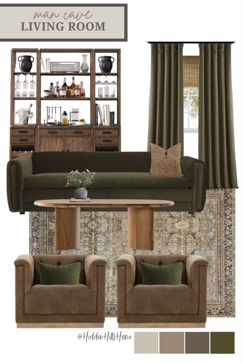 Masculine living room decor for a man cave! Natural Moody Living Room, Living Room Ideas Two Couches, Moody Sitting Room Bar, Green White Brown Interior Design, Moody Living Room Sofas, Green Living Room Cabinets, Hunter Green And Tan Living Room, Dark Transitional Decor, Classic Masculine Living Room