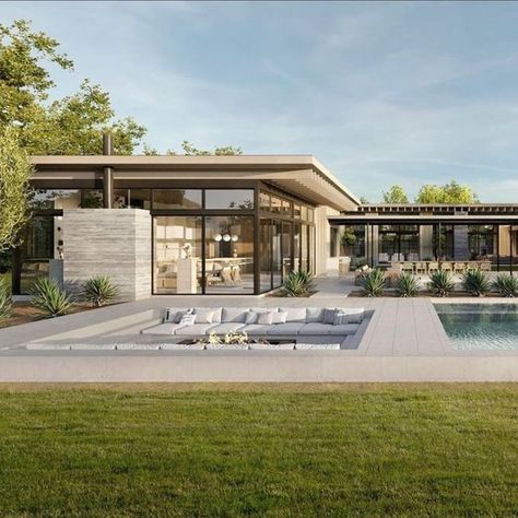 Courtyard With Fire Pit, Mountain Courtyard, Contemporary Ranch Home, Pool Fire Pit, Room Rendering, Concrete House Design, Concrete Homes, Modern Contemporary House Plans, Building Design Plan