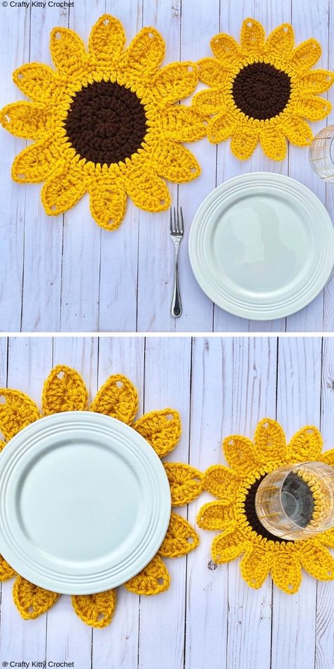 Cheerful Crochet Placemats. Sunflowers are one of the most beautiful symbols of summer, holidays and fun, because they blossom when it's sunny and hot outside. These lovely placemats will decorate your dining table and make it stand out.  #freecrochetpattern #colorful #placemat Crochet Holiday Placemats Free Pattern, Crochet Sunflower Doily, Crochet Halloween Placemats, Sunflower Potholder Crochet, Crochet Placemats Free Pattern, Free Crochet Hanging Basket, Free Sunflower Coaster Crochet Pattern, Crochet Flower Placemats, Crochet Sunflower Kitchen Decor