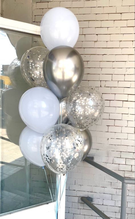 Party City Balloon Bouquet, Silver And White Balloons, White Silver Party, 24 Birthday, Glitter Balloons, Silver Balloon, 24th Birthday, Silver Party, Silver Numbers