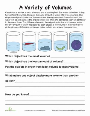 What is volume? Use this great introduction about displacement to help your child learn the concept of volume. Volume Activities, Volume Worksheets, Volume Math, Sixth Grade Science, Fourth Grade Science, Science Earth, 7th Grade Science, Third Grade Science, Matter Science