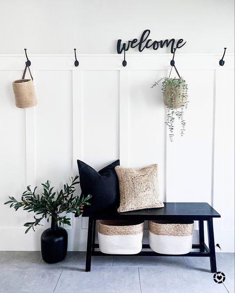 Benches For Entryway, Black Bench Entryway, Entry Bench Decor Entryway, Plants Entryway, Bench Entryway Decor, Utility Inspiration, Entry Hall Bench, Entryway Bench Ideas, Entryway Bench Decor