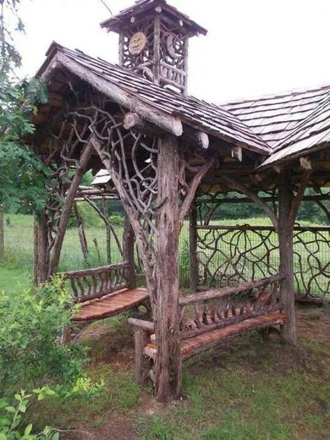 Roses Growing, Garden Wild, Twig Art, Covered Walkway, Wooden Gazebo, Garden Arbor, Garden Gazebo, Wooden Bench, August 11