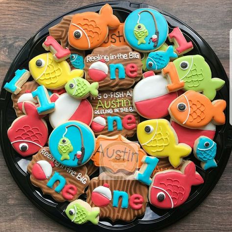 The Big One Fishing Birthday Cookies, Cookies Fishing Theme, One Year Fishing Birthday Party, Fishing Birthday Party Cookies, Fishing First Birthday Cookies, Oh Fishally One Birthday Cookies, 1st Birthday Fishing Theme Cake, 3rd Birthday Fishing Theme, Fishing Themed Cookies